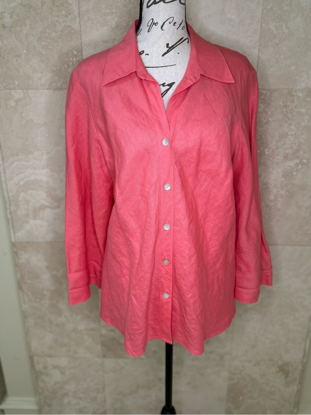Sigrid Olsen Coral Pink Linen Button Down Shirt Size L EUC